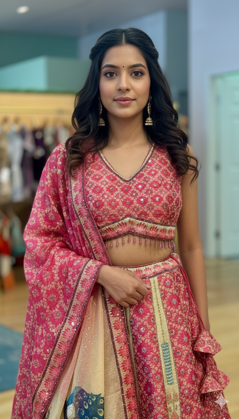 Pink And Gold Combination Embroidered Lehenga Set With Peacock Motifs