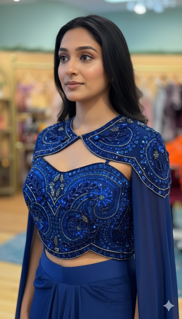 Persian-Blue Draped Skirt With Embroidered Blouse And Cape