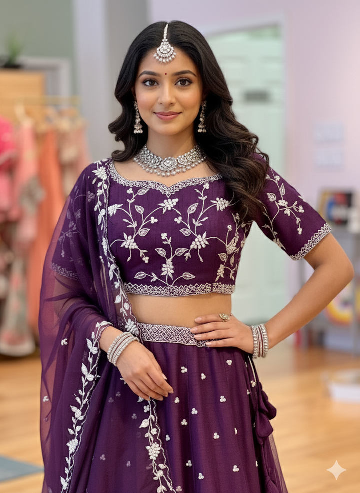 Violet Pearl Hand Embroidered Lehenga