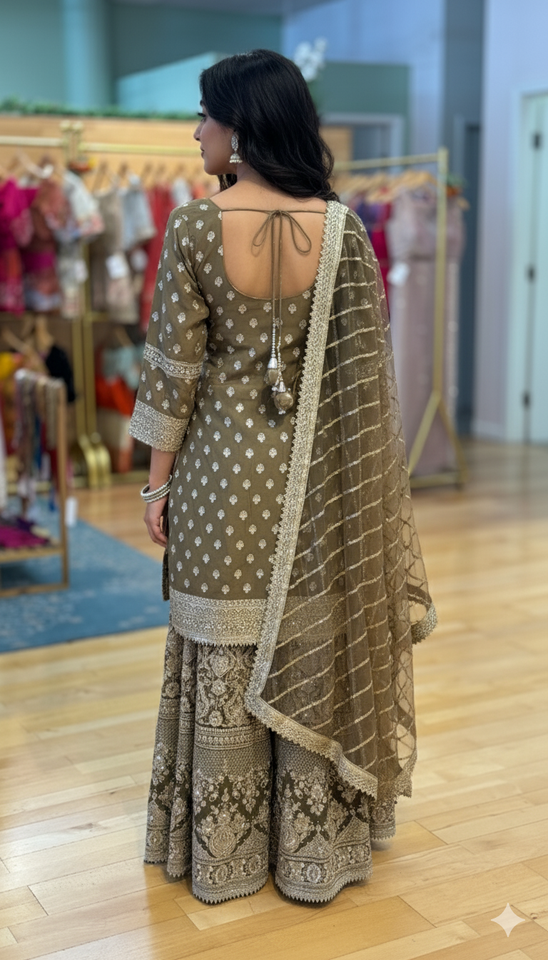 Gothic Olive Embroidered Sharara Set