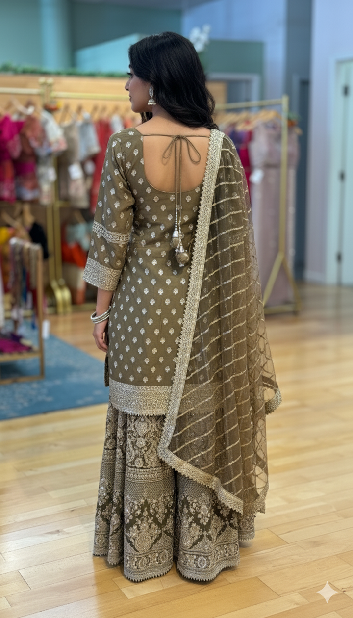 Gothic Olive Embroidered Sharara Set