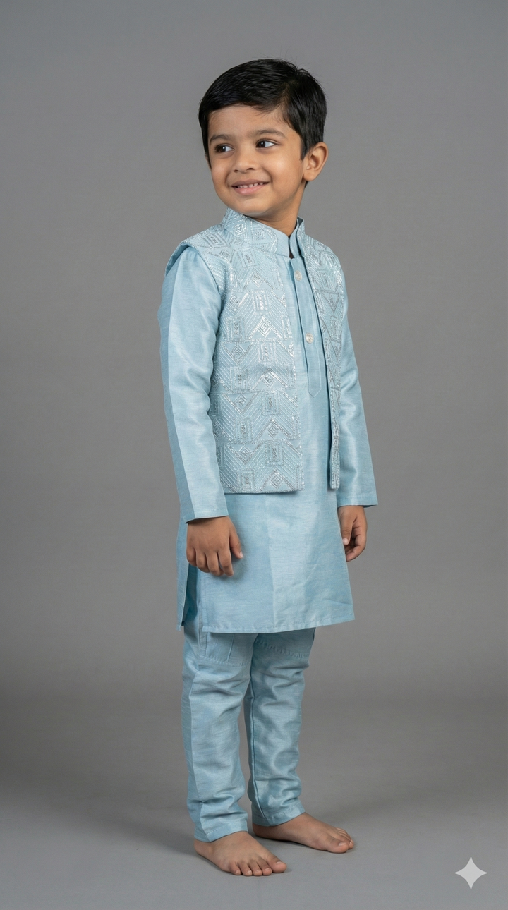 Pastel Blue Kurta Set With Sequins Jacket