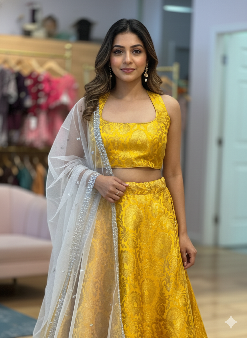 Yellow Banarasi-Silk Brocade Lehenga And Blouse With White Dupatta