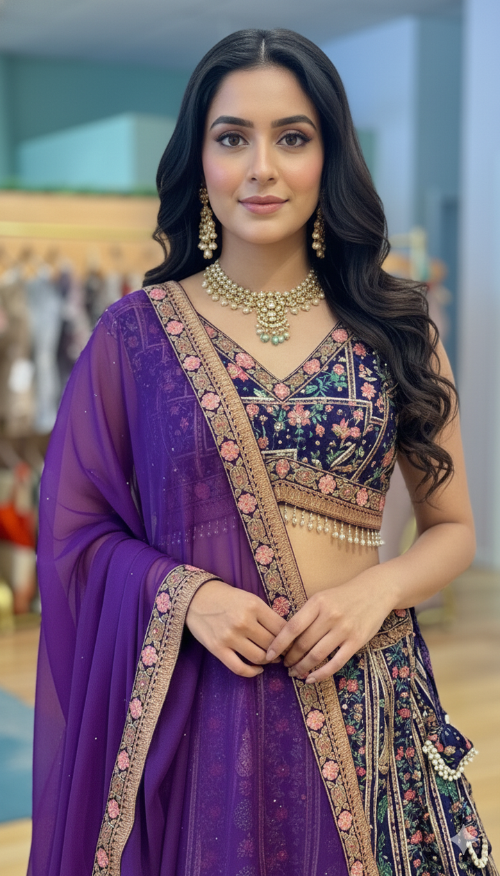 Purple Hand Embroidered Lehenga With Peacock Motifs