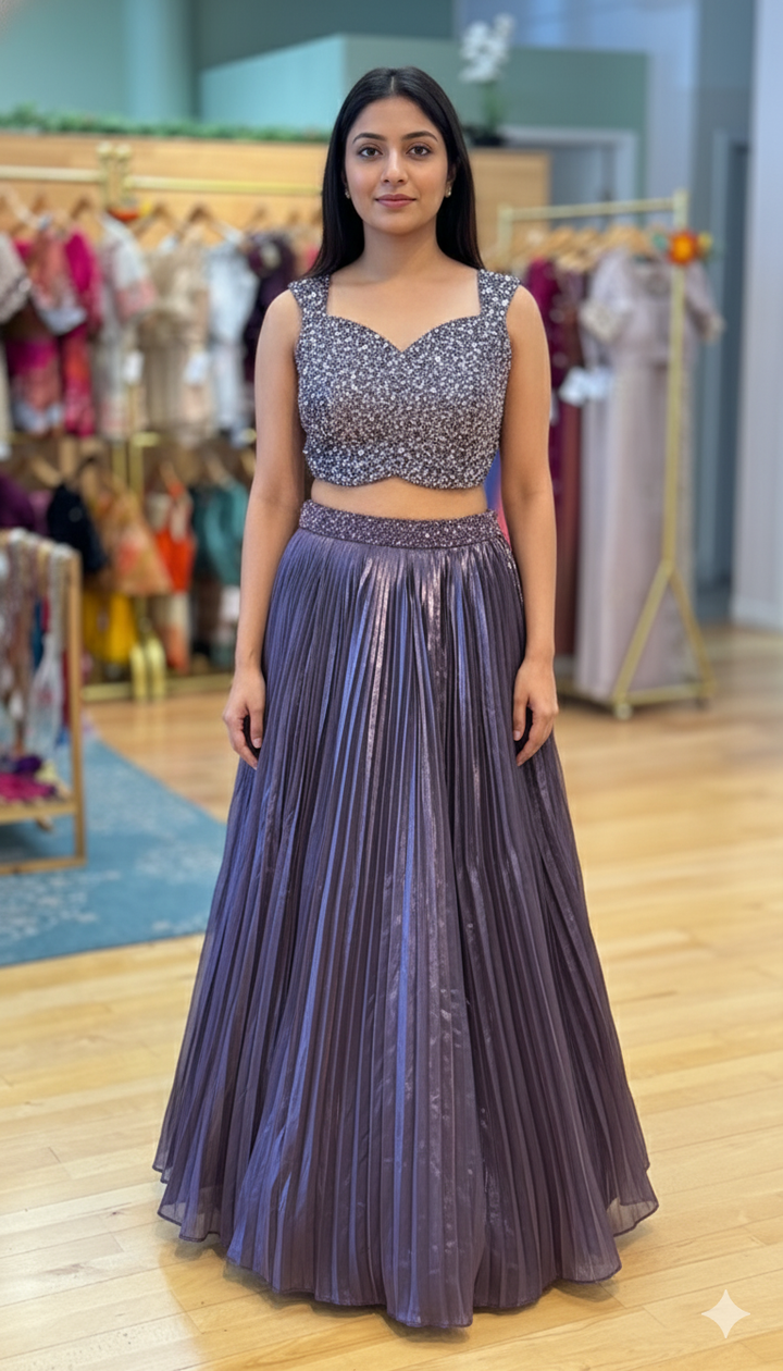 Dark Mauve Crushed Tissue Lehenga With Sequins Embroidered Blouse And Choker Dupatta