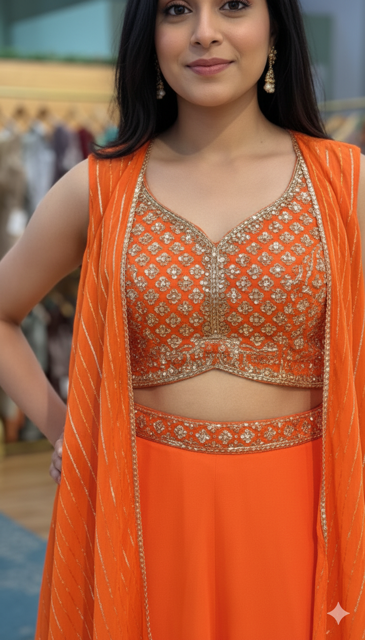 Orange Draped Skirt With Embroidered Blouse And Cape