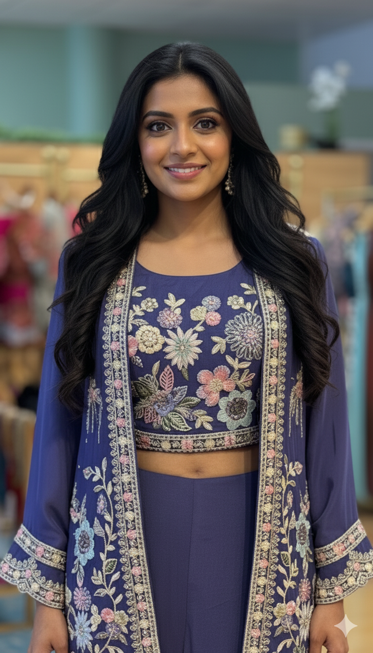 Royal Purple Sharara Set WIth Embroidered Blouse And Jacket