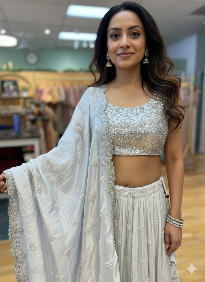 White Cutdana and Sequins Embroidered Lehenga set