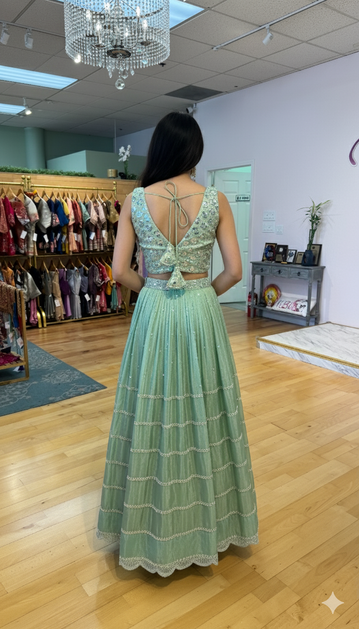 Peppermint Color Lehenga Set With Cutdana And Sequins Embroidery
