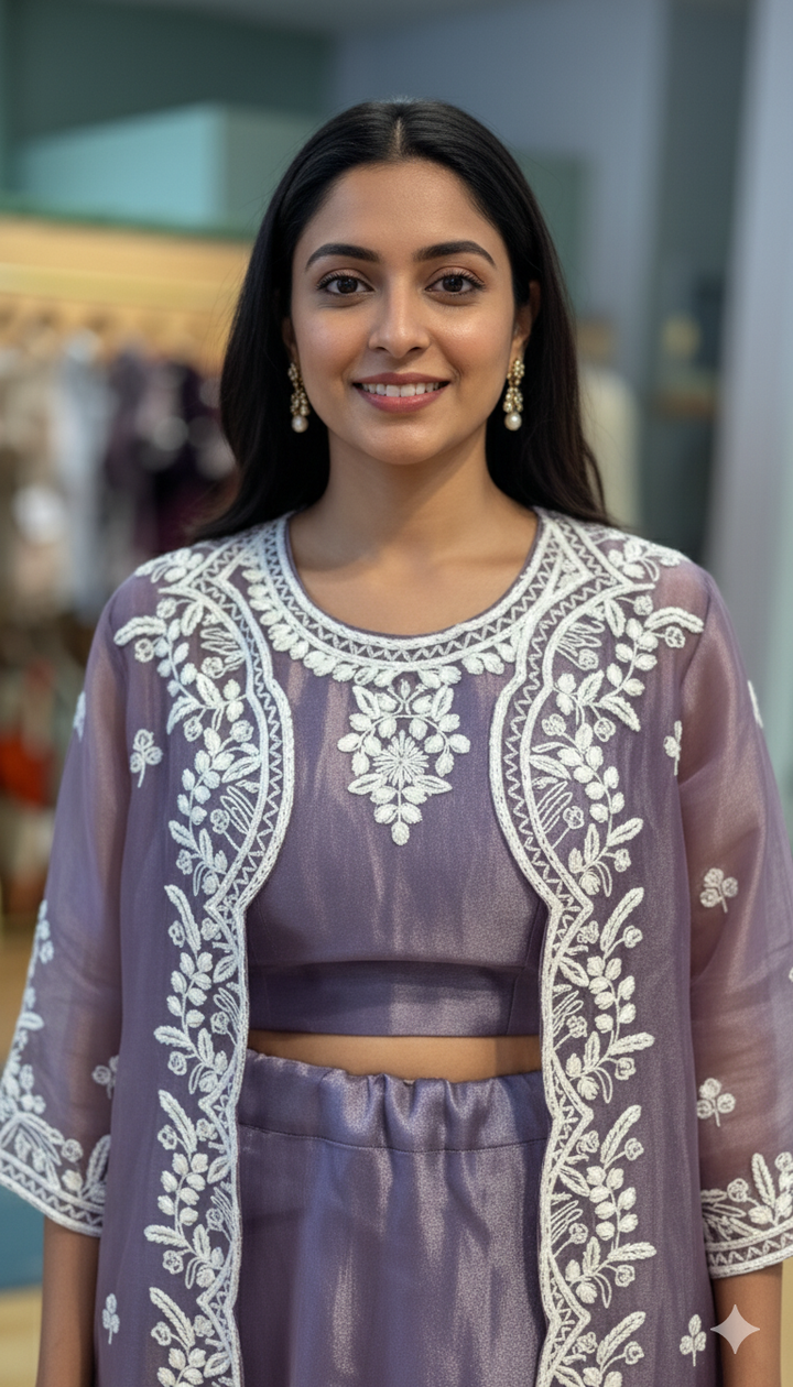 Dark Lavender Tissue Lehenga With Embroidered Blouse And Long Jacket