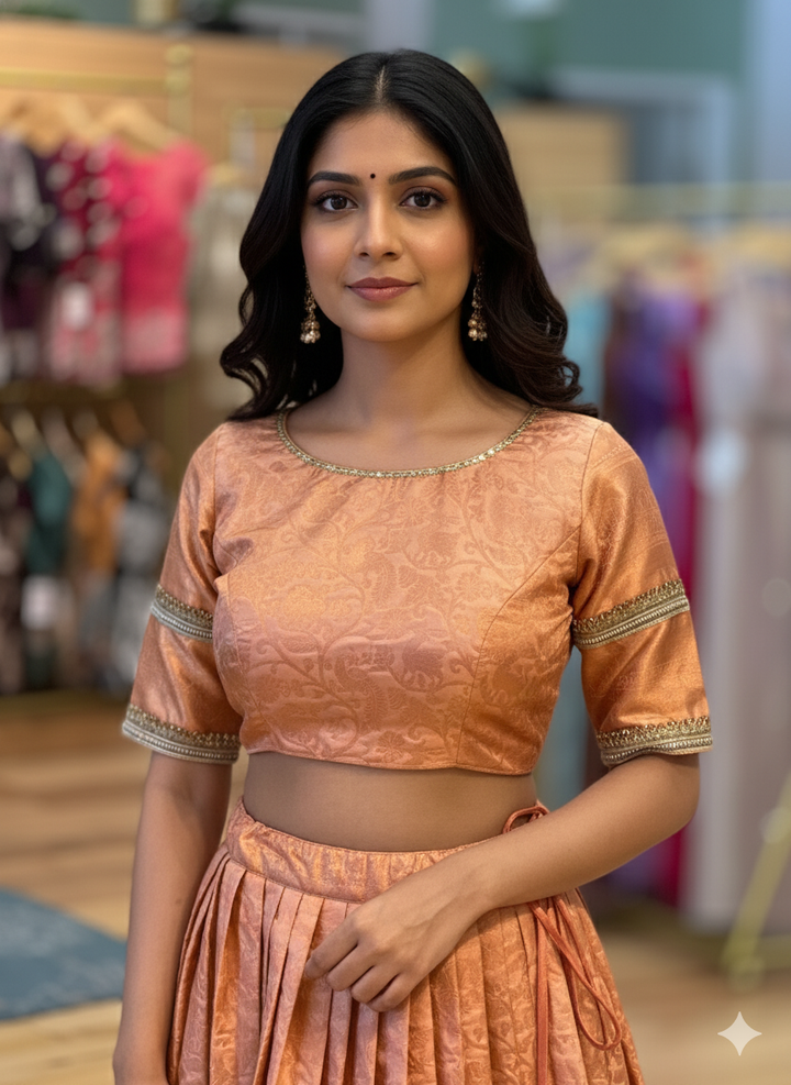 Copper Kanchi Silk Lehenga with Embroidered Borders And Silk Brown Dupatta