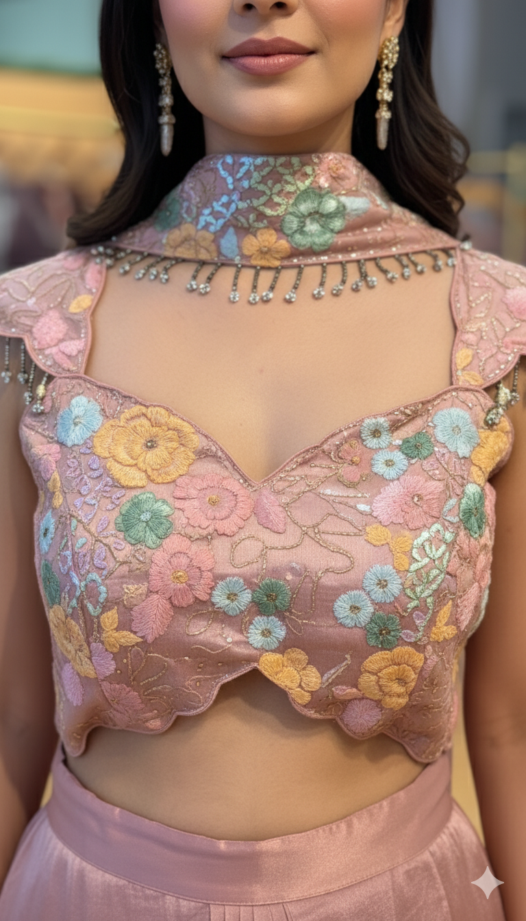 Dusty-Rose Coloured Draped Skirt With Sequins Embroidered Blouse And Choker Dupatta