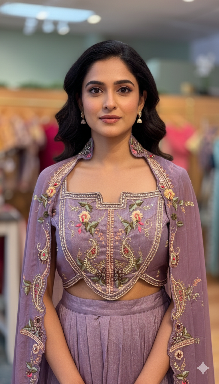 Heather Purple Sharara Set With Embroidered Blouse And Cape