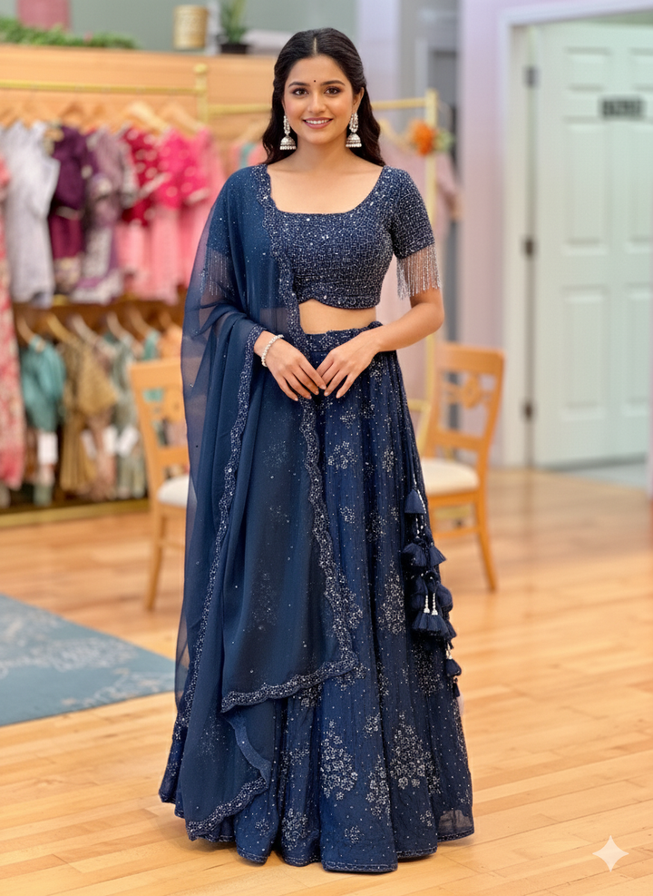 Ink Blue Hand Embroidered Lehenga