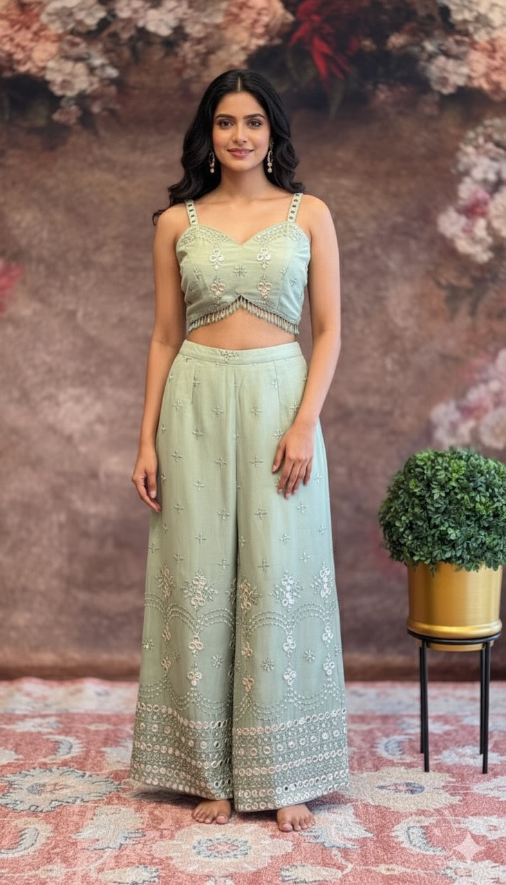 Sage-Green Embroidered Sharara Set with Detachable Cape