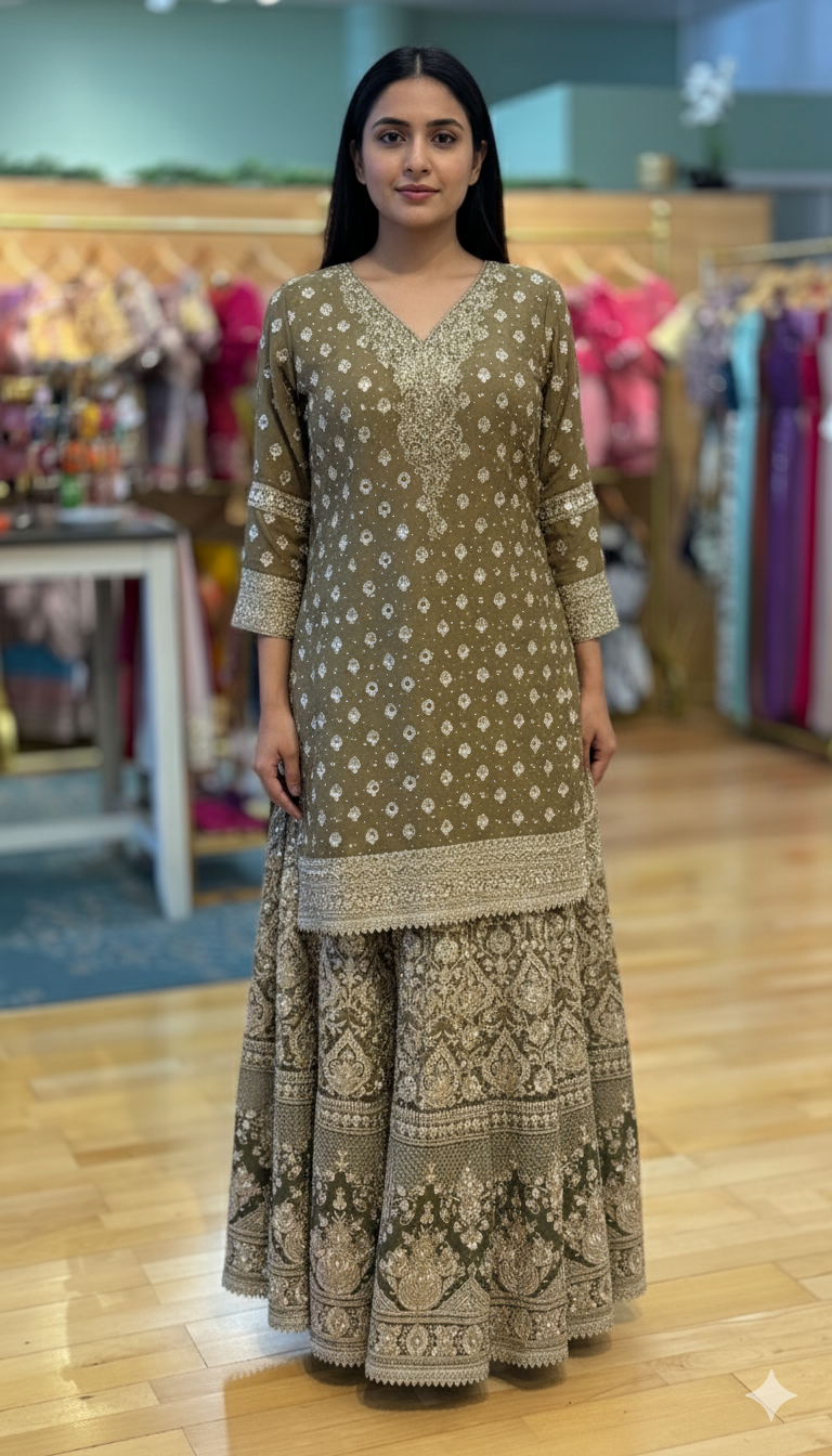 Gothic Olive Embroidered Sharara Set