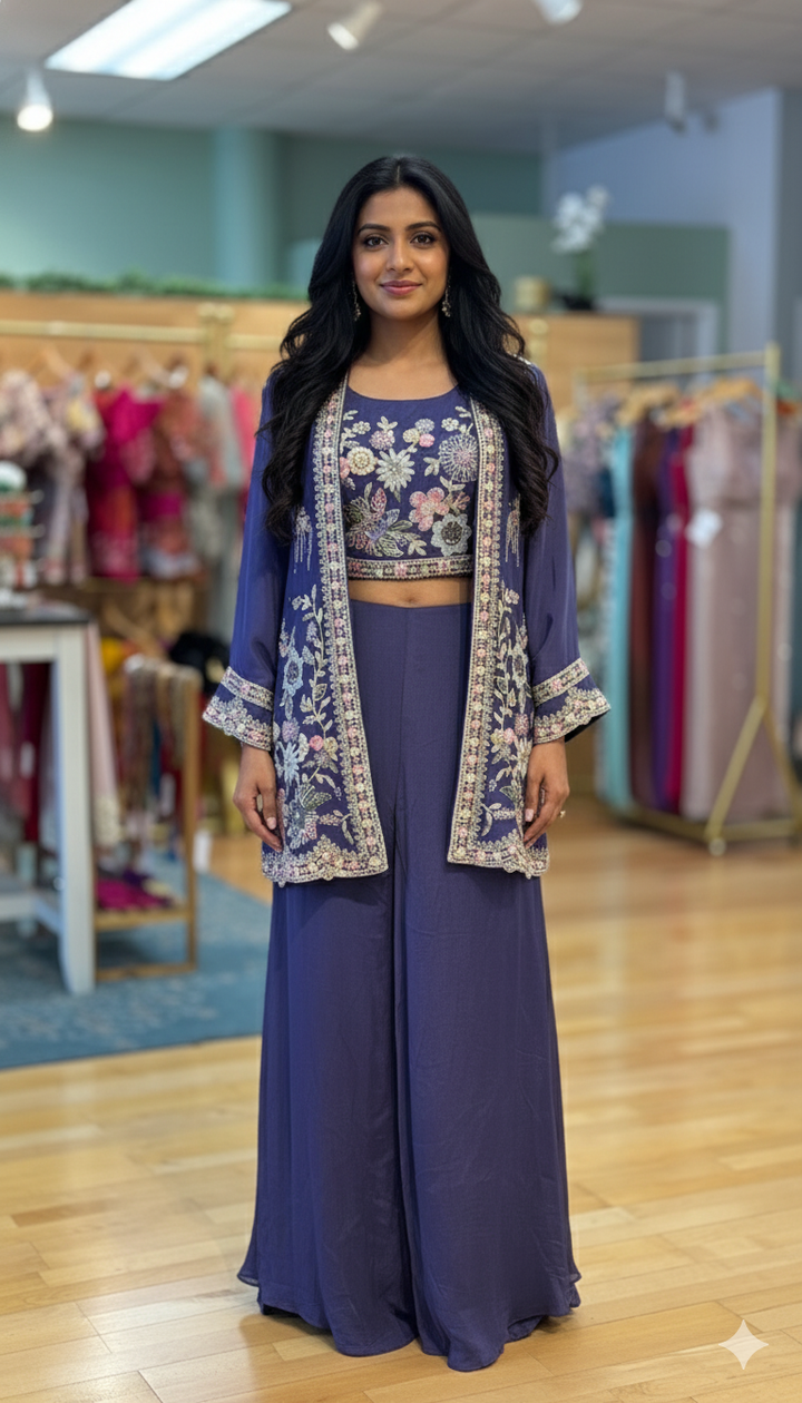Royal Purple Sharara Set WIth Embroidered Blouse And Jacket