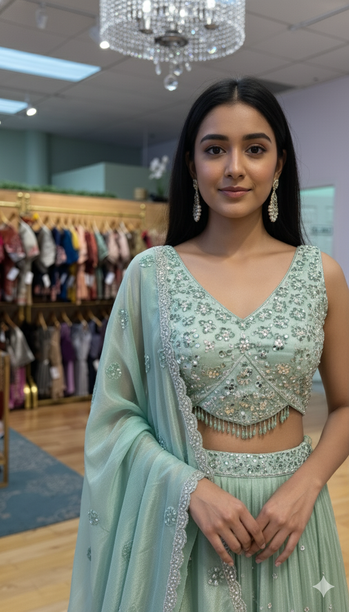 Peppermint Color Lehenga Set With Cutdana And Sequins Embroidery