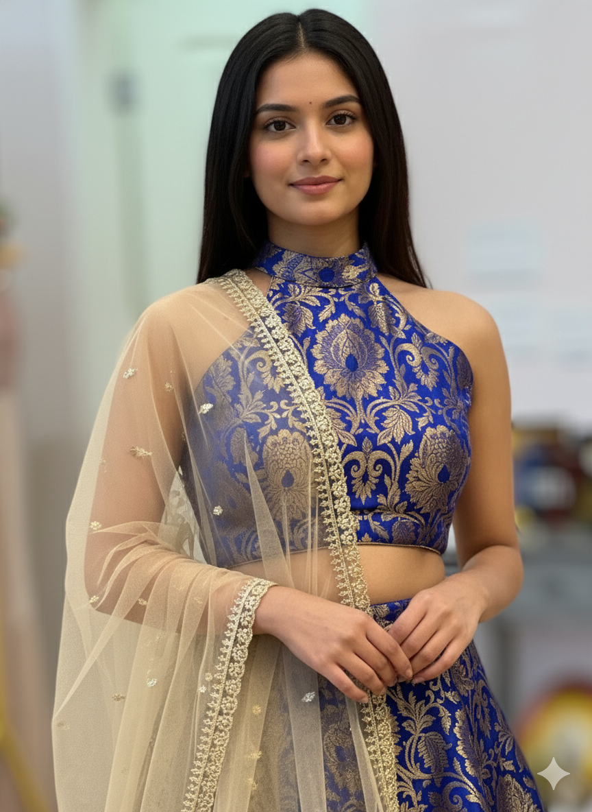 Blue Banarasi Silk Brocade Lehenga With Halter Neck Blouse And Gold Dupatta