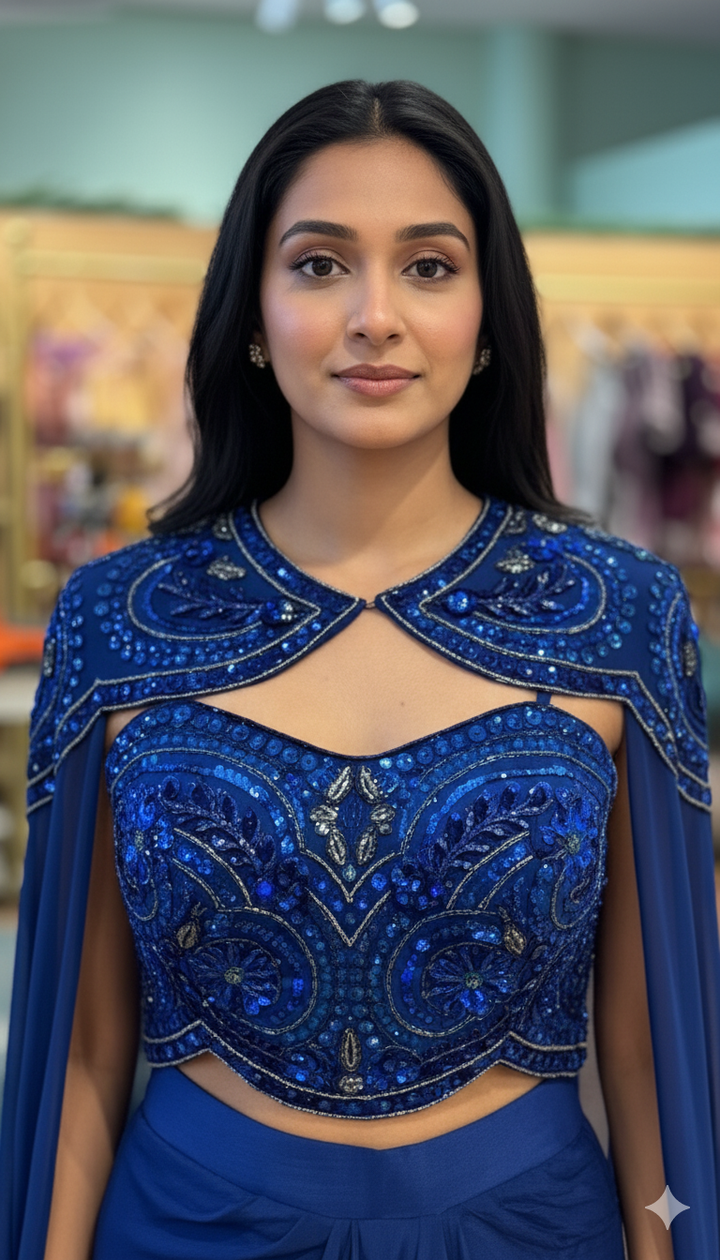 Persian-Blue Draped Skirt With Embroidered Blouse And Cape