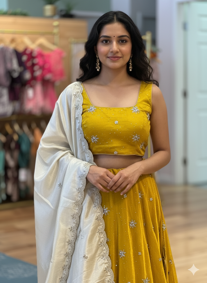 Mustard Yellow And Ivory Embroidered Lehenga Set