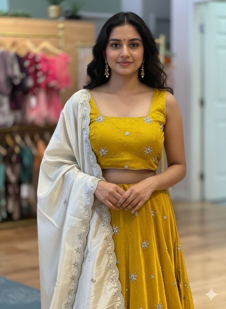 Mustard Yellow And Ivory Embroidered Lehenga Set