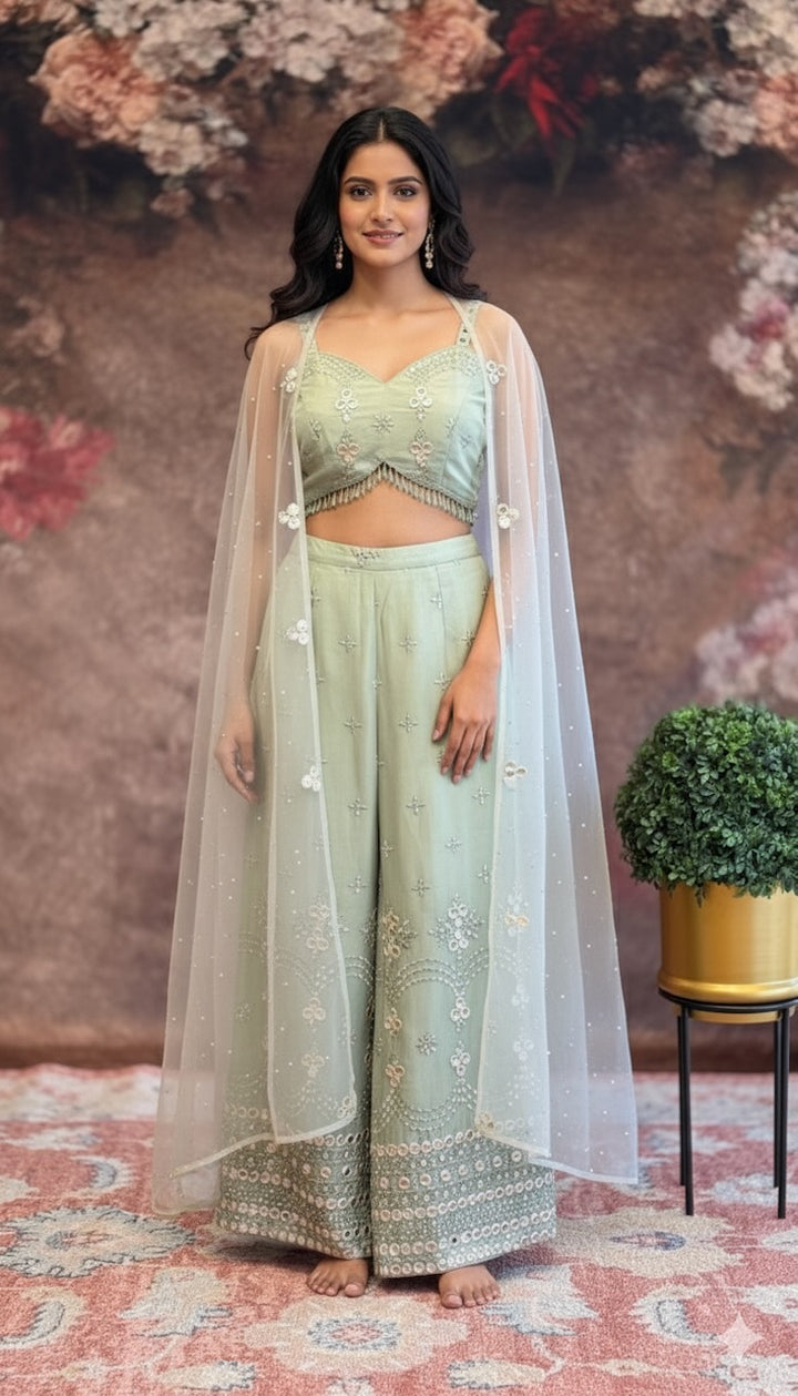 Sage-Green Embroidered Sharara Set with Detachable Cape