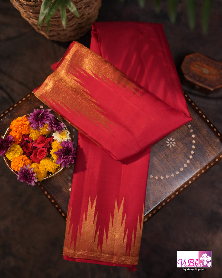 Crimson Handloom Kanchi Silk Saree with Blouse &amp; Zari Temple Border