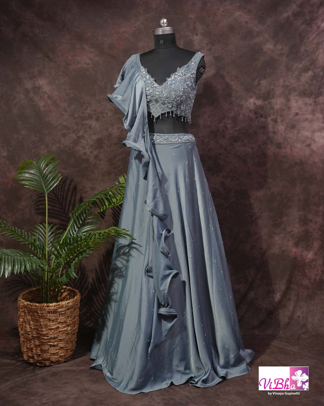 Dusty Blue Embroidered Lehenga Set With Ruffle Dupatta