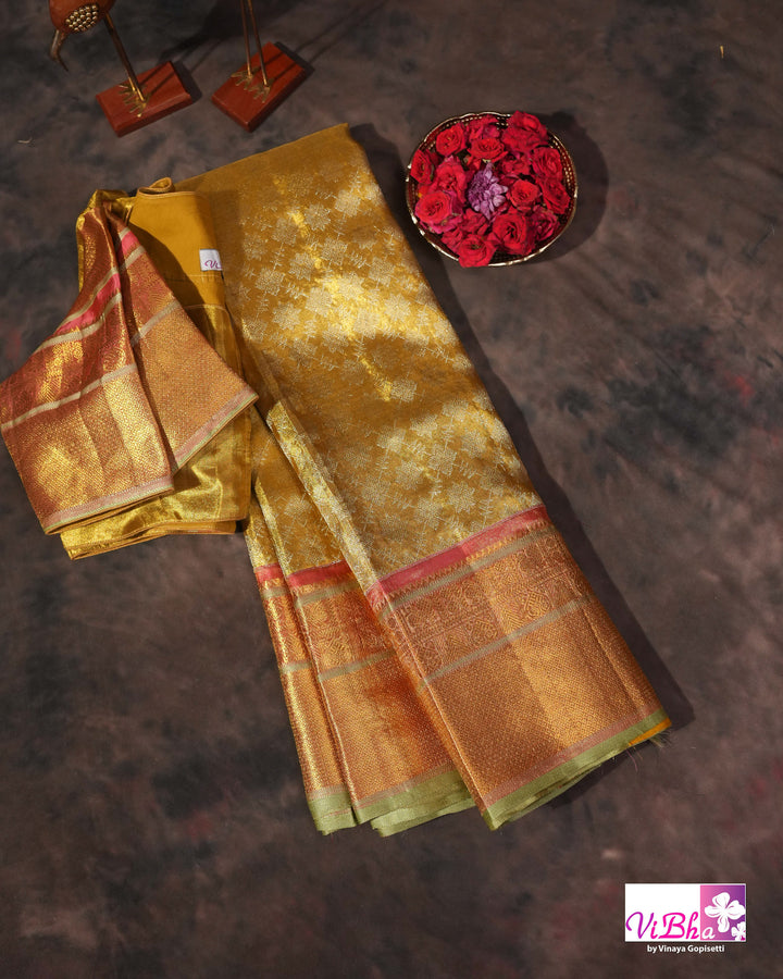 Golden Yellow Kanchi Silk Saree with Rich Zari Border and Blouse