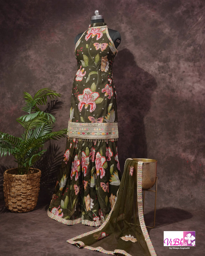 Dark Mehendi Green Floral position print high neck Gharara set