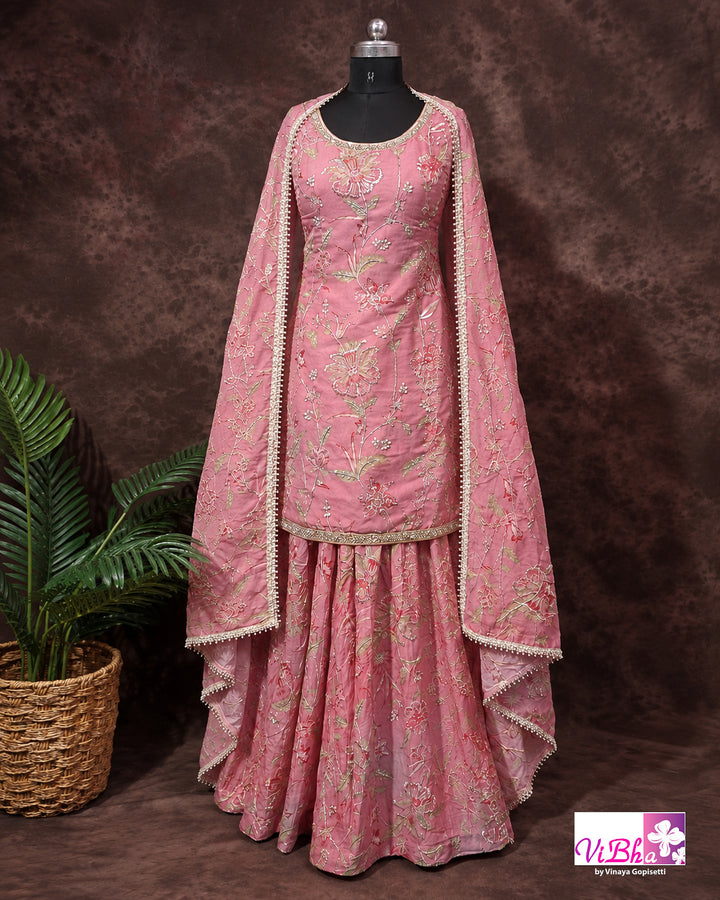 Peach Pink Floral Embroidered Sharara Set