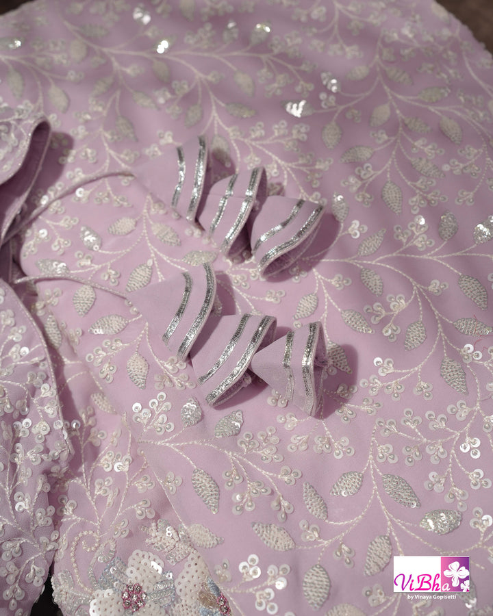 Pale Lilac Designer Saree with All-Over Floral Work and Scalloped Border