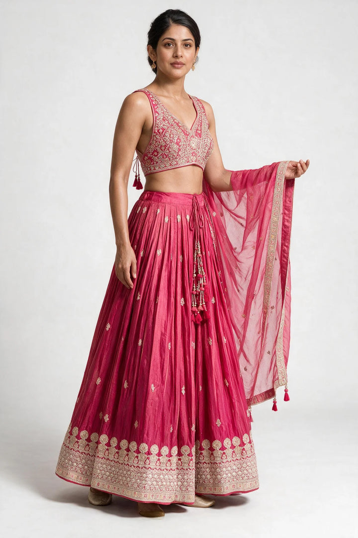 Tissue Rani Pink Hand-Embroidered Bridal Lehenga Set