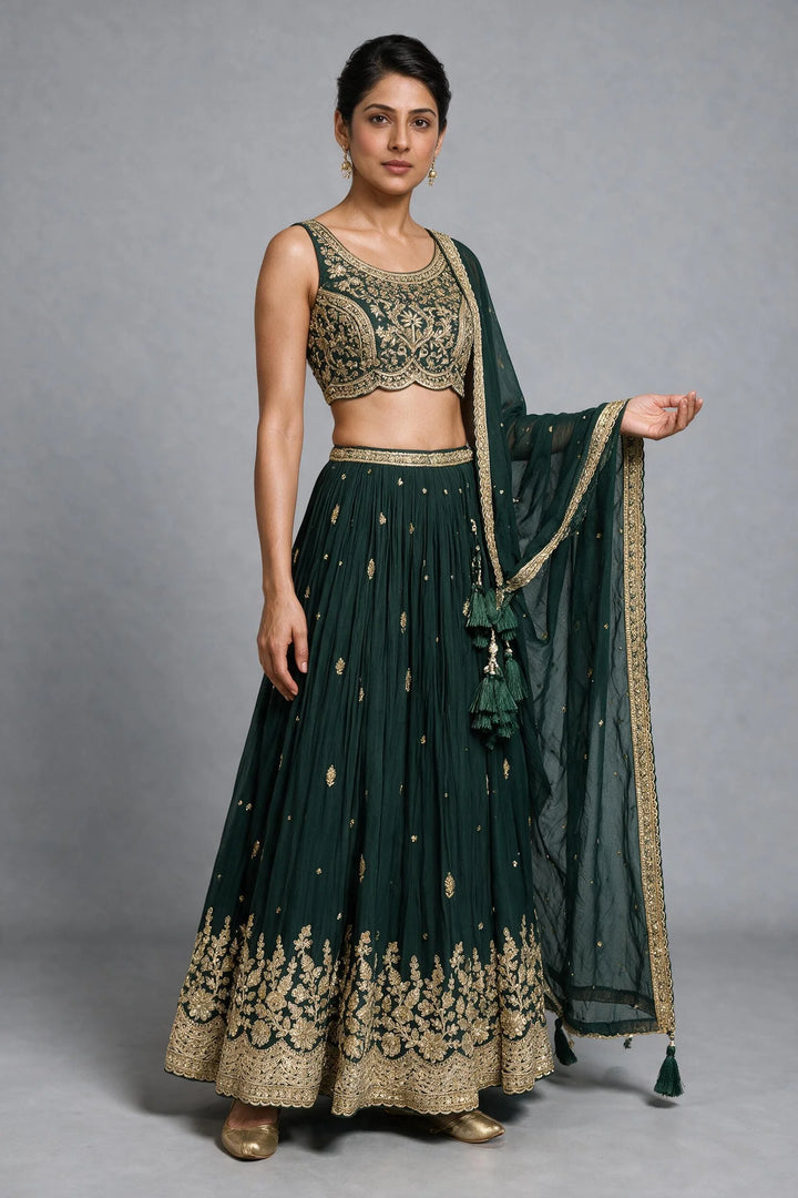 Emerald Green Silk Hand-Embroidered Zardosi Lehenga Set