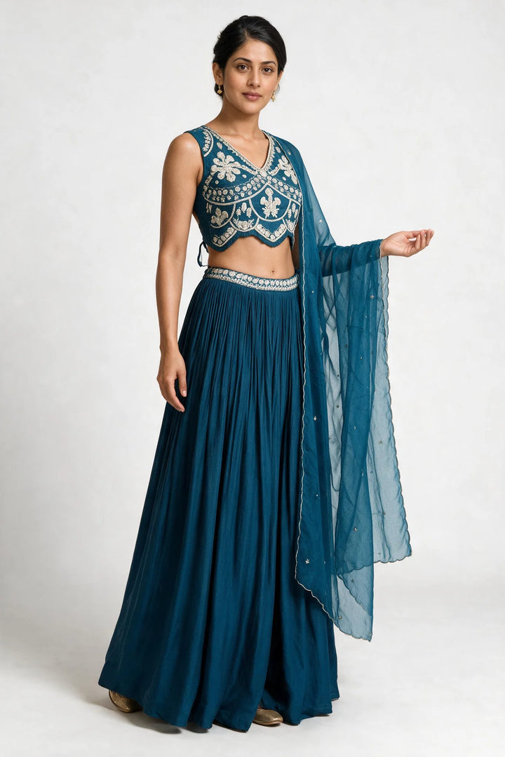 Teal Blue &amp; Ivory Embroidered Lehenga Set