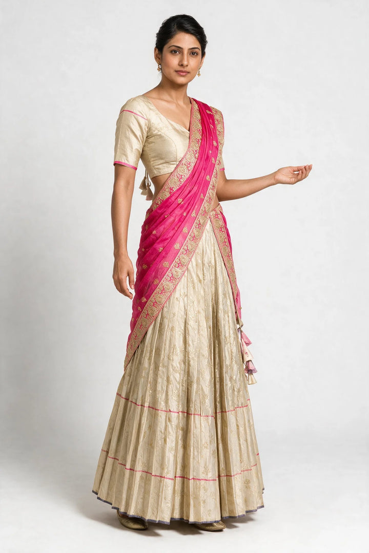 Ivory &amp; Rani Pink Embroidered Half Saree Set