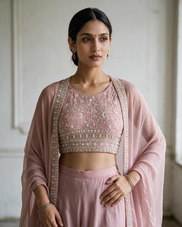 Dusty Rose Embellished Fusion Draped Skirt Set