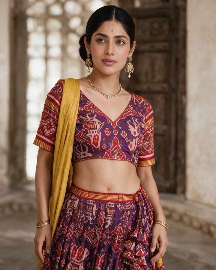 Purple &amp; Mustard Traditional Half Saree Set