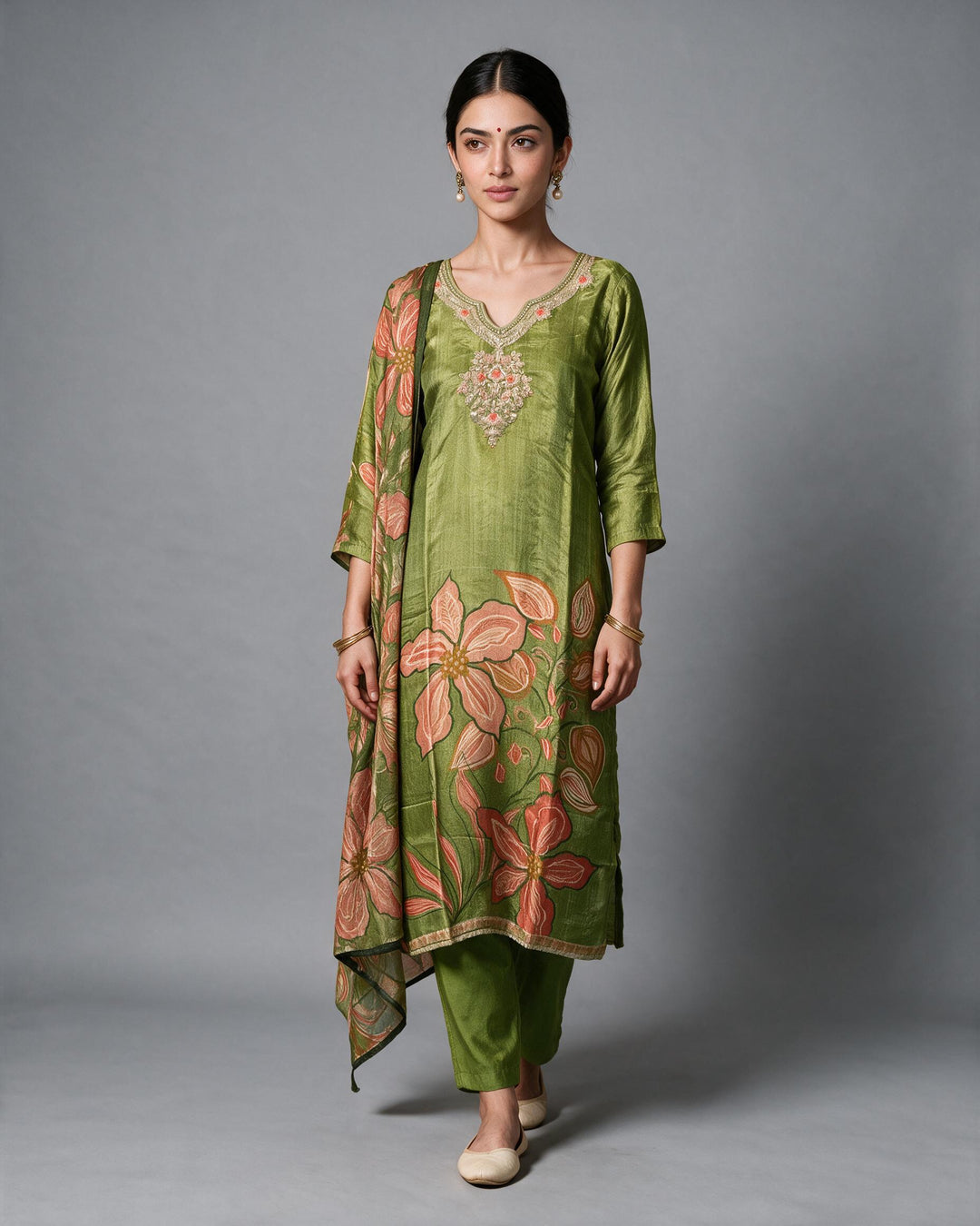 Parrot Green Floral Salwar Suit Set
