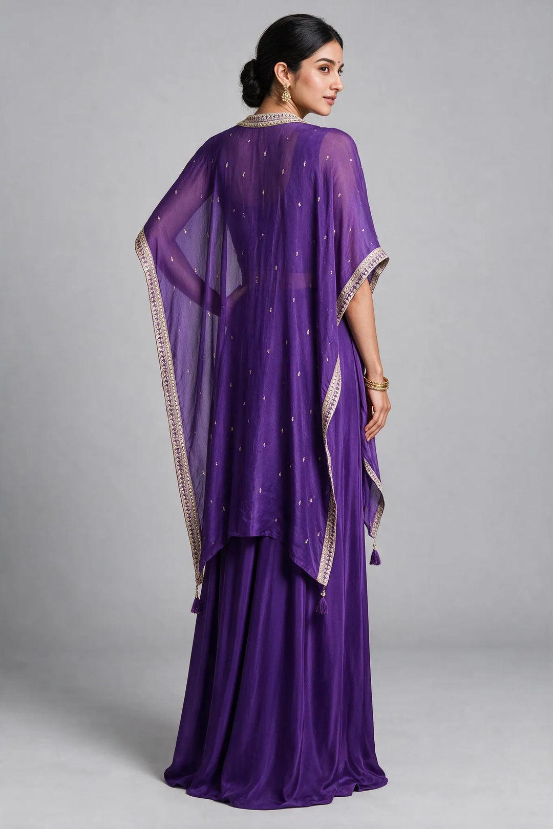 Purple Embellished Cape Fusion Draped Skirt Set