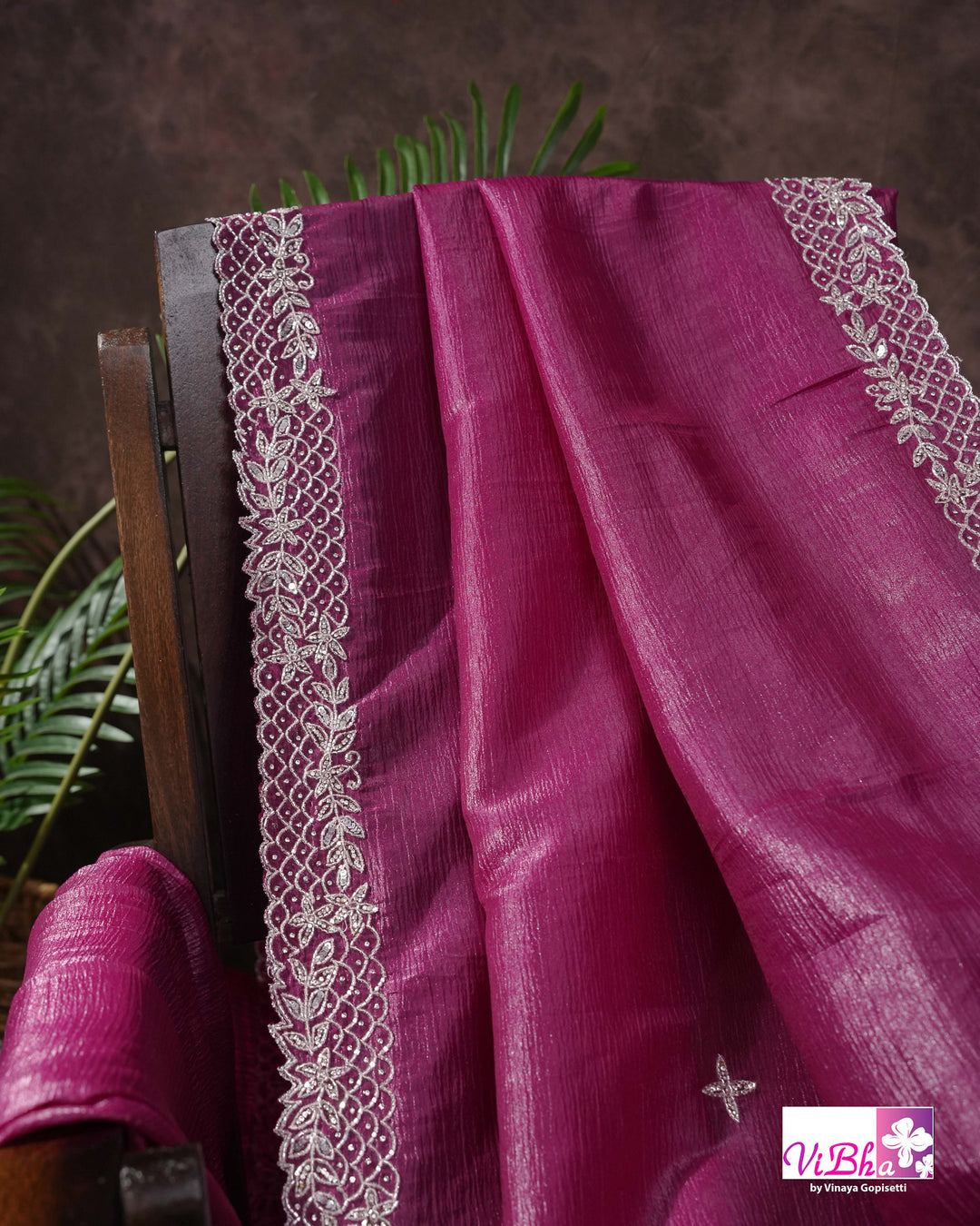 Magenta Shimmer Designer Saree with Silver-Toned Scalloped Border