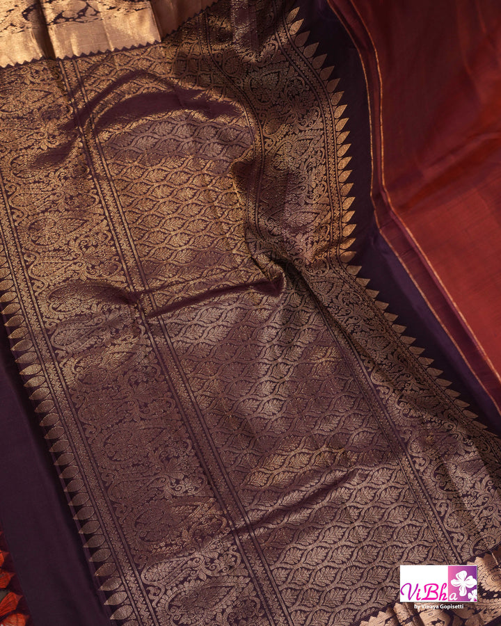 Rust Brown Kanchi Silk Saree with Blouse &amp; Elephant Motif Border