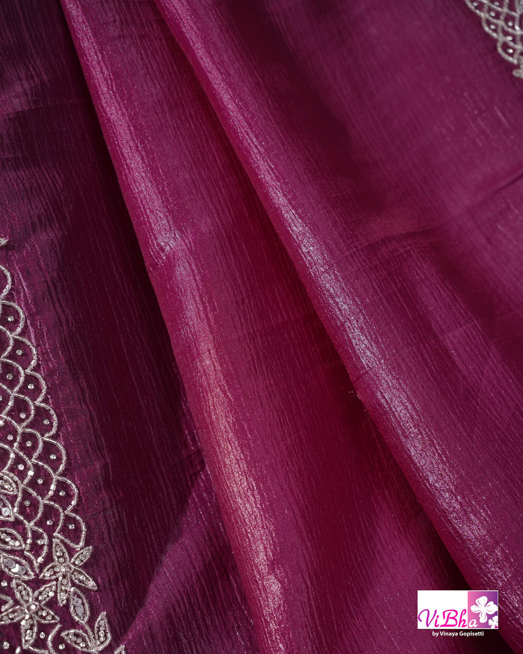 Magenta Shimmer Designer Saree with Silver-Toned Scalloped Border