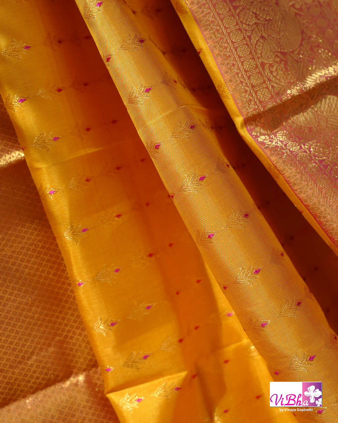 Marigold Yellow Kanchi Silk Saree with Broad Gold Border and Magenta Pallu