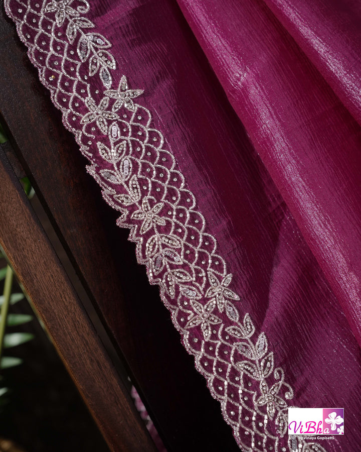 Magenta Shimmer Designer Saree with Silver-Toned Scalloped Border