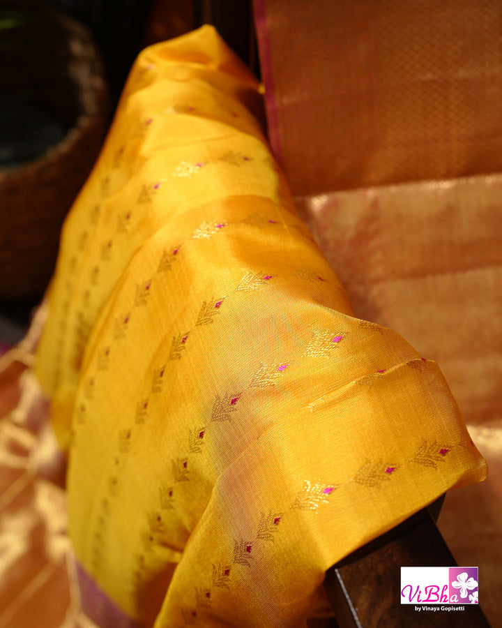 Marigold Yellow Kanchi Silk Saree with Broad Gold Border and Magenta Pallu