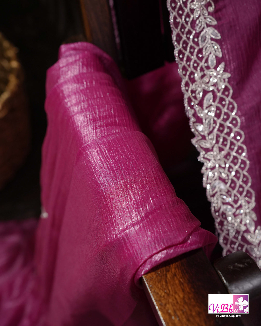Magenta Shimmer Designer Saree with Silver-Toned Scalloped Border