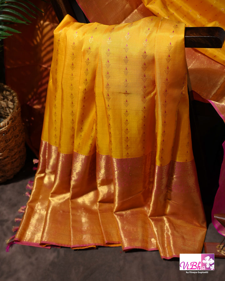 Marigold Yellow Kanchi Silk Saree with Broad Gold Border and Magenta Pallu