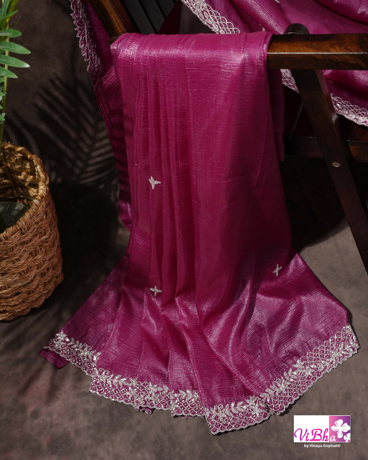 Magenta Shimmer Designer Saree with Silver-Toned Scalloped Border